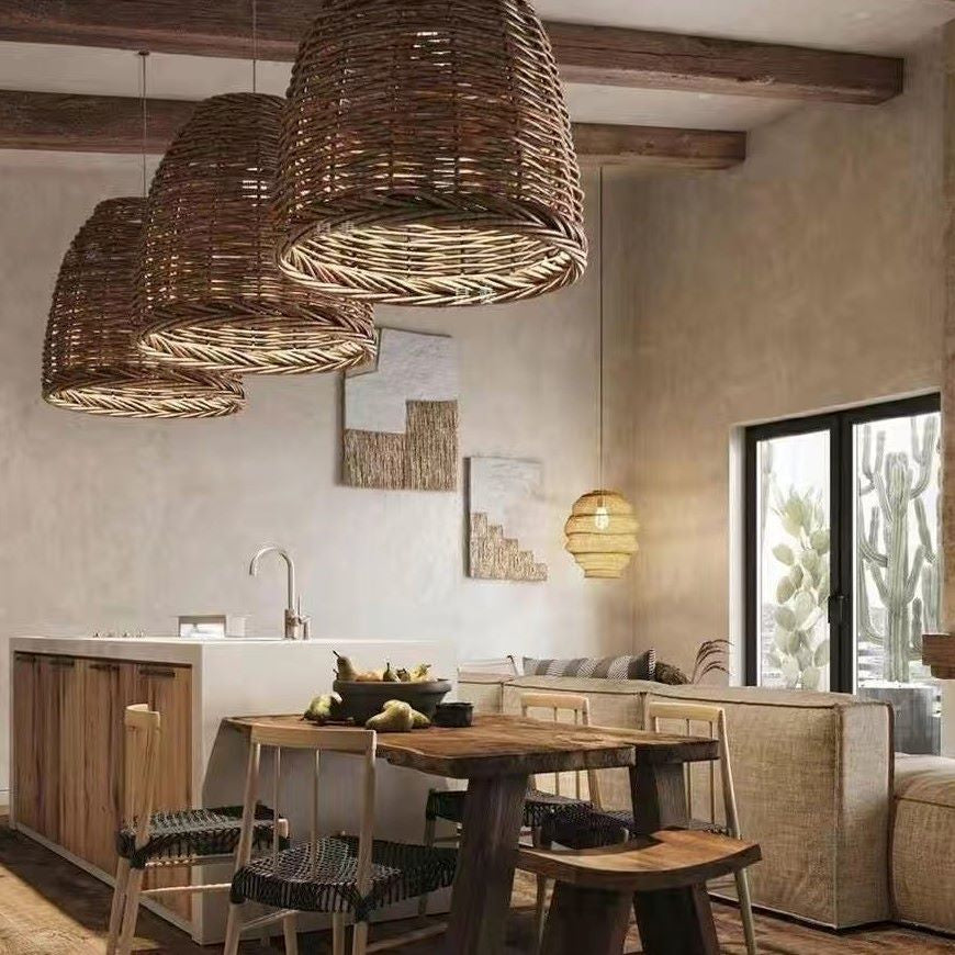 Zinco Rattan – lampada rattan accesa in soggiorno bohemien
