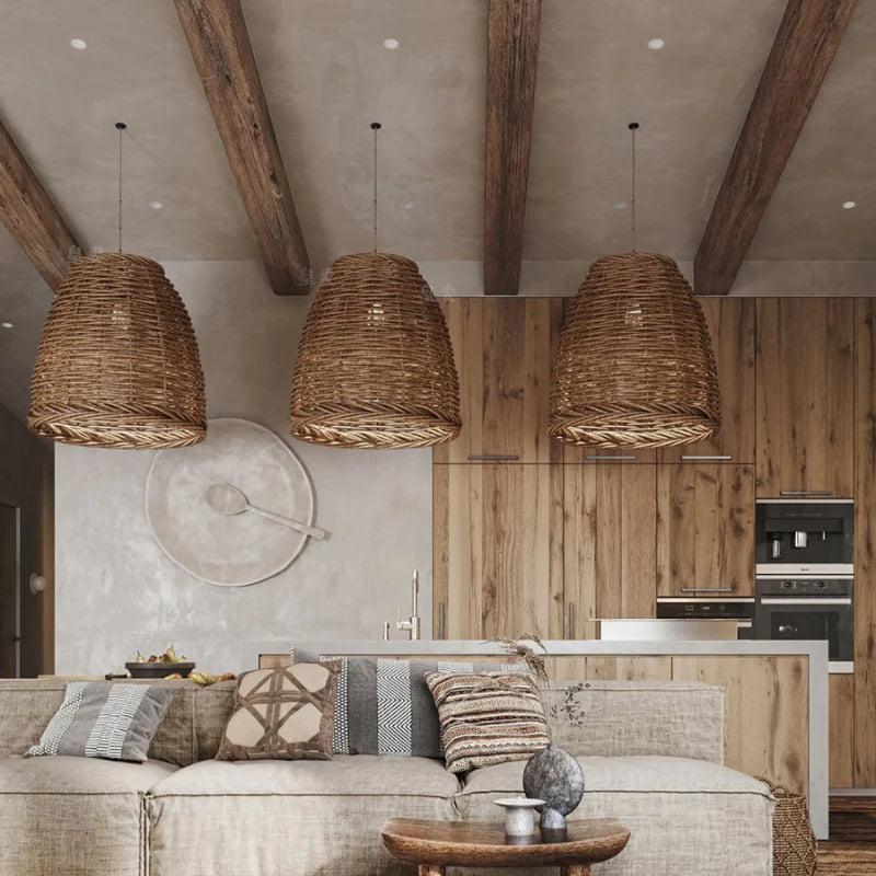 Zinco Rattan – lampadario vintage in rattan intrecciato a mano, vista frontale